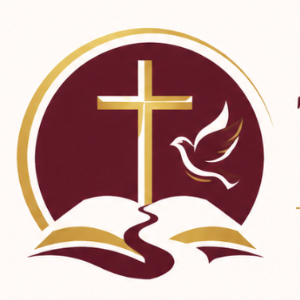 Gold cross with dove above open book on burgundy background with gold circle border